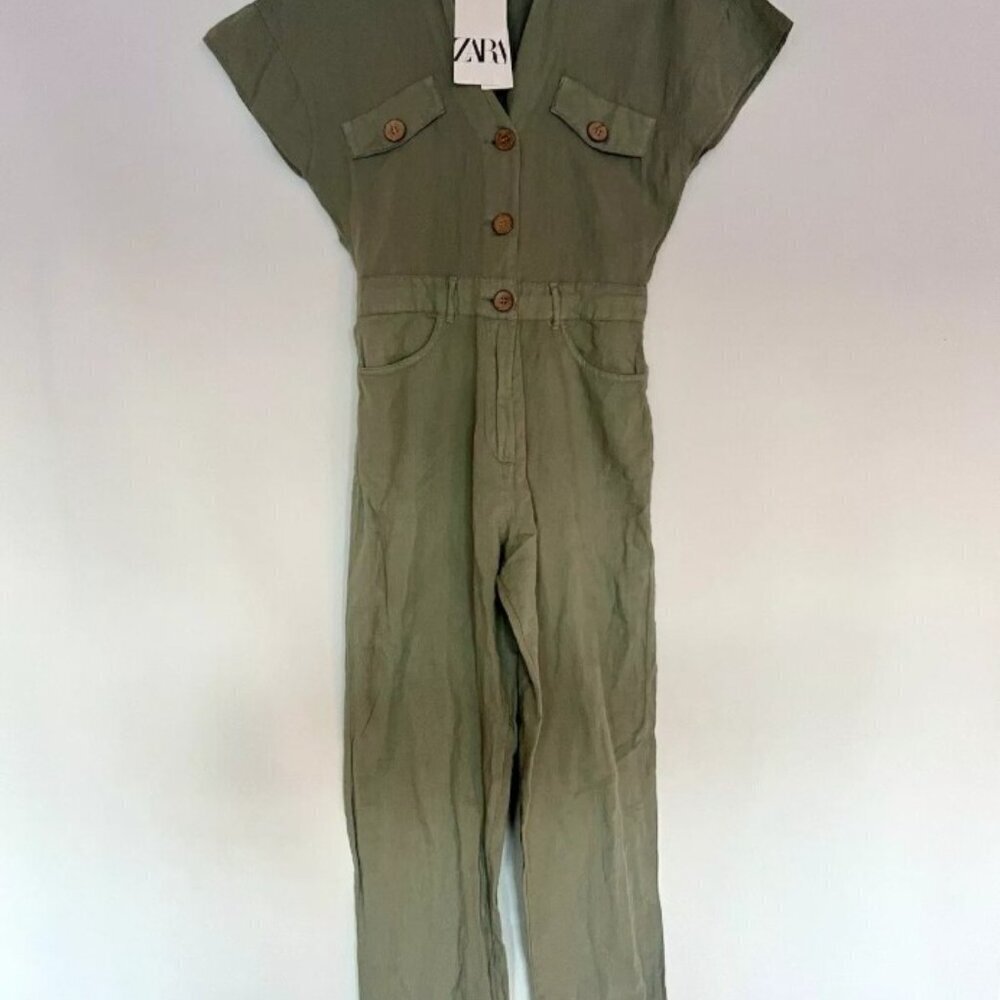 ZARA Green Khaki Linen Blend Short Sleeve Jumpsuit  SIZE S 8200/708/506 - Picture 6 of 9